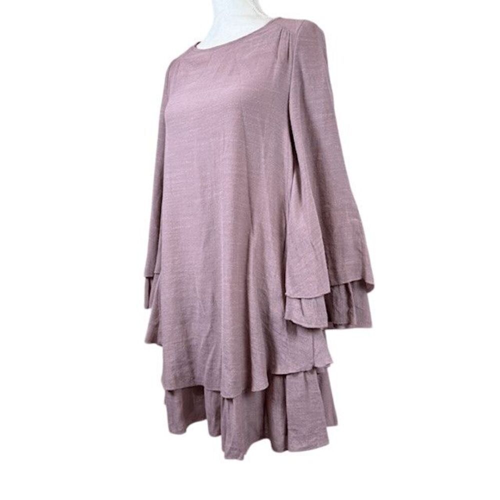 Bluivy Boho Layered Ruffle Mini Dress Bell Sleeves Deep Mauve‎ Pink Size Small